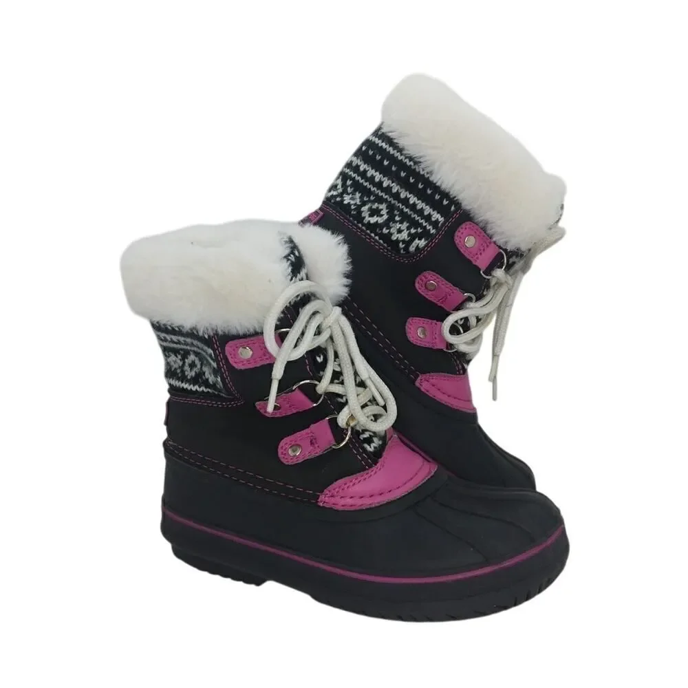 London Fog Girls Pre-owned Faux Fur Lined Black & Pink Winter Boots - sz. 1